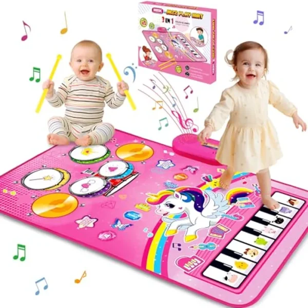 Juguetes para niñas de 1 año: tapete musical para bebés, juguetes para niños pequeños de 1 a 2 años de edad - 3 en 1 Piano Drum Animal Touch Unicorn Toys - Juguete musical para bebés de 12 a 18 meses,