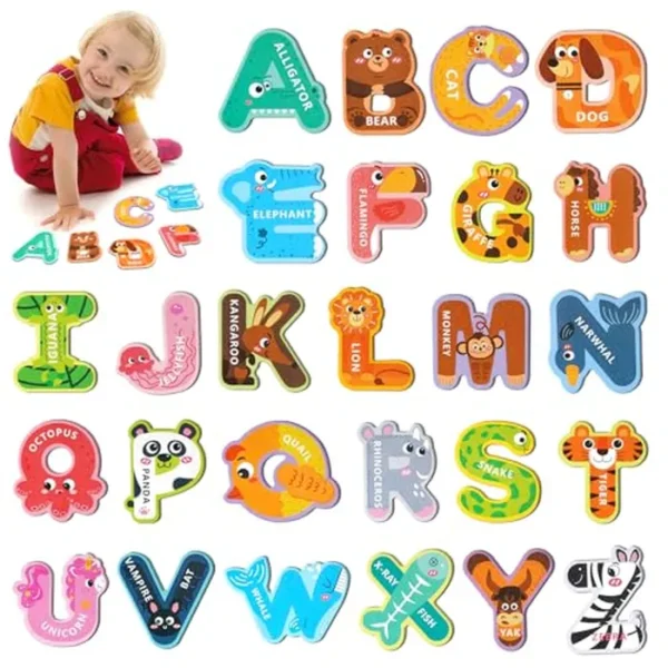 Letras magnéticas para niños pequeños de 1 a 3 años, 26 piezas de lindos imanes del alfabeto de animales, juguetes de aprendizaje para niños pequeños de 1 a 3 años, imanes ABC en mayúsculas para