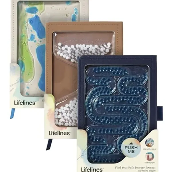 Lifelines Diario sensorial, paquete surtido de 3 unidades, diario a rayas con cubierta táctil interactiva y patrones en relieve, 160 páginas, libro de tapa suave para escribir