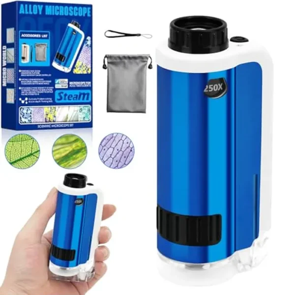 Microscopio de bolsillo para niños, microscopio SETFLAGS Kids, juguetes STEM y científicos, 100x-250x Zoom Miniscopio portátil de aleación de mano, kit de ciencia científica, regalos para mayores de 6
