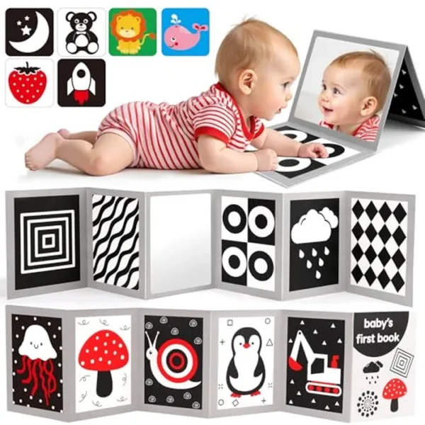 Libros para bebés de alto contraste en blanco y negro, tarjetas flash, espejo para el tiempo de barriga, juguetes para recién nacidos, 0 6 meses, desarrollo cerebral, juguete sensorial estimulante