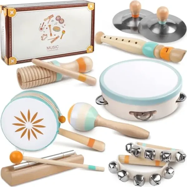 Instrumentos musicales para bebés, juguetes musicales Montessori para niños pequeños, juego de instrumentos de percusión de madera, juguetes musicales bohemios modernos de color neutro, regalos de