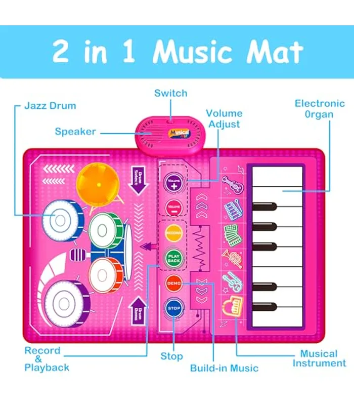 B0D83H9QK904 Juguetes musicales 2 en 1 para niños pequeños de 1 a 3 años, teclado de piano y alfombrilla de batería, tapete de juego sensorial musical, juguetes para bebés de 1 año de edad, juguete de desarrollo