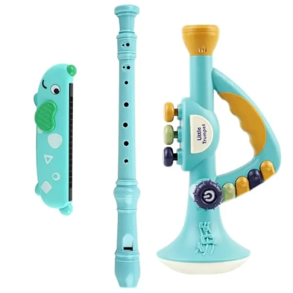 Instrumentos musicales para niños pequeños, trompeta, armónica, flauta grabadora para niños y bebés, juego de juguetes musicales para niños, regalos para niños y niñas de 2, 3, 4, 5, azul
