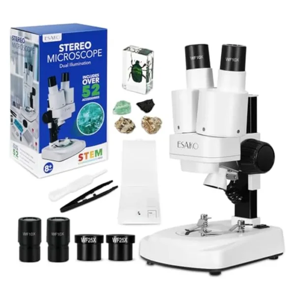 ESAKO Microscopio doble LED para niños, kit de ciencia de más de 52 piezas con muestras de minerales e insectos, 10 diapositivas preparadas y 10 diapositivas en blanco de bricolaje, kit de microscopio