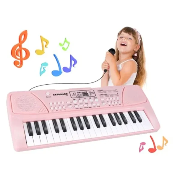 M SANMERSEN Teclado de piano mejorado de 37 teclas para niños con micrófono, juguetes musicales para regalos de niñas de 3, 4, 5, 6 años, color rosa