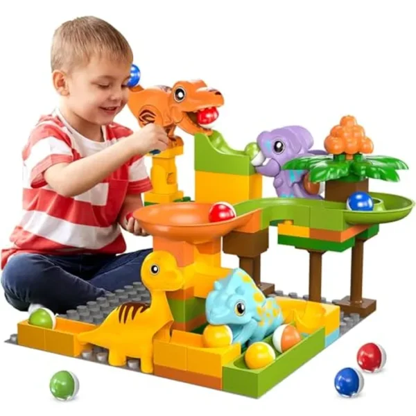 Carreras de canicas para niños de 4 a 8 años, carrera de canicas para niños de 3 a 5 años con bloques de construcción de dinosaurios, juguetes de dinosaurio, juguetes de construcción STEM con 4 pistas