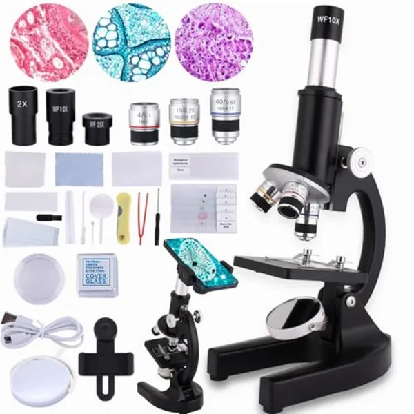 Microscopio para niños 40X-2000X, microscopio para niños de 8 a 12 años con luz de relleno LED, diapositivas y especímenes ideales para laboratorios escolares educación en casa
