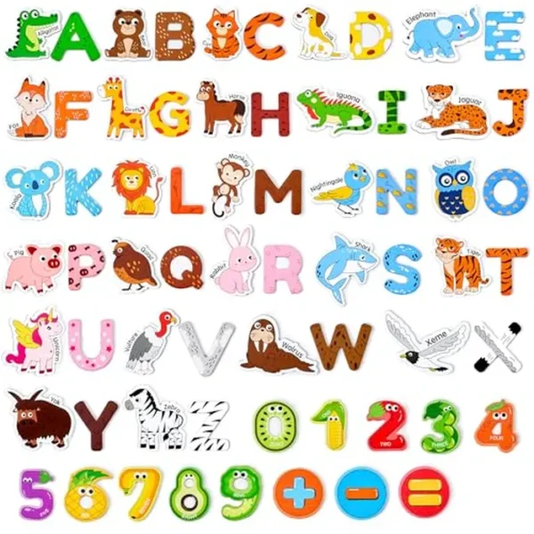 JoyCat Imanes de madera para niños: 26 lindos animales, letras mayúsculas del alfabeto y números del 0 al 9, imanes de nevera para niños pequeños, divertido regalo educativo de aprendizaje de