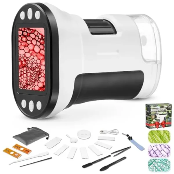 Microscopio para niños, miniscopio de bolsillo portátil 1000X, con pantalla LCD de 2 pulgadas, microscopio portátil para niños, LED ajustable, batería de 600 mAh, USB a PC, tarjeta SD de 32