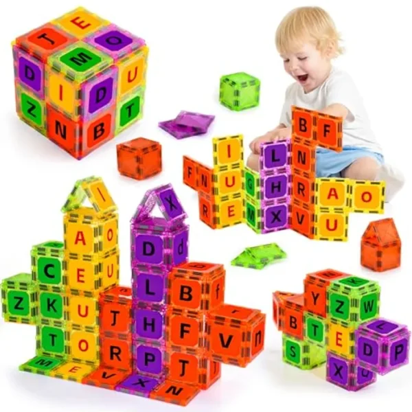 Juguetes magnéticos de letras de azulejos, juguetes de aprendizaje del alfabeto para niños pequeños de 1-3, 2-4, 4-8, juguete de construcción imprescindible en el aula, 48 piezas, juegos para niños en