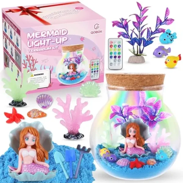 Kit de manualidades de terrario de sirena para niños, control remoto 13 en 1, luz LED nocturna, regalos de cumpleaños de sirena, juguetes para niñas, juguetes de arte de sirena para niñas, regalos