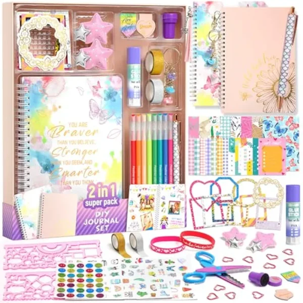 Paquete de 2 diarios de bricolaje para niñas de 8 a 14 años, regalos de cumpleaños y Navidad para adolescentes, más de 70 piezas de arte y manualidades, álbumes de recortes y suministros de