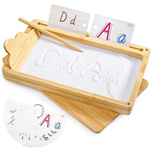 Nagpew Bandeja de arena para niños, bandeja educativa de terapia de arena con tapa, juguete de escritura de bambú, herramienta de aprendizaje para escribir letras y números, imprescindible en el aula