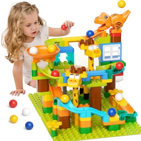 Juego de construcción de 145 piezas de dinosaurios de canicas – Juguetes STEM para niños de 4 a 8 años con 10 bolas de mármol coloridas, pista giratoria de 360°, bloques de construcción educativos