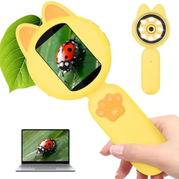 Mafiti Microscopio para niños, mini bolsillo de mano, microscopio educativo, kit de ciencia educativa, juguetes, regalos de Navidad/cumpleaños para niñas de 3 a 12 años, amarillo