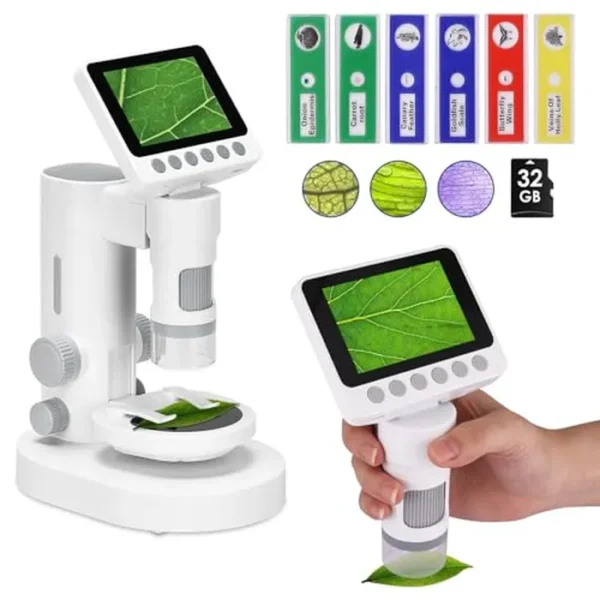 Microscopio para niños, hasta 1000 X de aumento, pantalla plegable de 3.5 pulgadas, microscopio de bolsillo de mano para niños, kits de educación científica para niños de 8 a 12 años