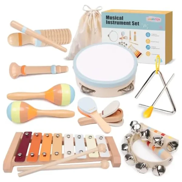 Juego de instrumentos musicales para bebés, juguetes musicales Montessori de madera para bebés de 18 meses, instrumentos de percusión para niños pequeños, xilófono maracas, pandereta para niños, 2, 3