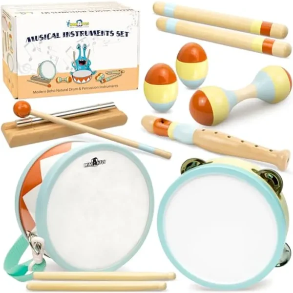 MINIARTIS Instrumentos musicales para niños pequeños – Juguetes musicales Montessori para niños pequeños de 1 a 3 años | Juego de batería para bebé bohemio moderno con colores neutros instrumentos de