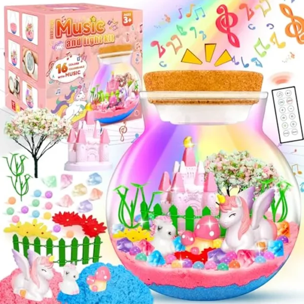 Uni-Corn - Kit de terrario con cajas de música, juguetes Uni-Corn para niñas de 4, 5, 6, 7, 8, 9, 10, 11, 12 años, artes y manualidades para niños con luces LED de música y control remoto