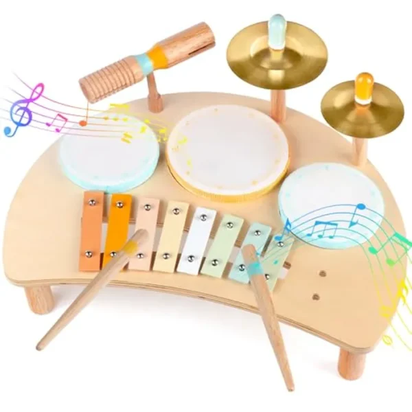 Juego de batería para niños, instrumentos musicales Montessori para niños pequeños de 1 a 3 años, juguetes musicales de madera para bebés de 12 a 18 meses, kit de batería de xilófono educativo