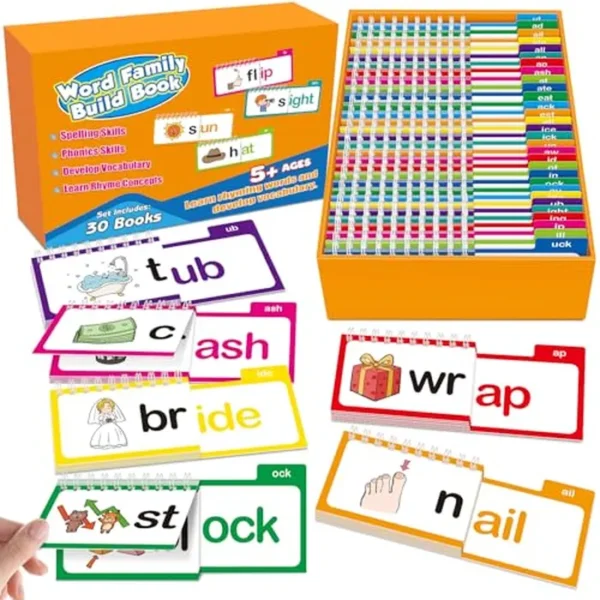 Familias de palabras, tarjetas flash de sonidos de letras, vocabulario ABC, tarjetas flash de palabras de vista de jardín de infantes, Aprender a leer tarjetas fonéticas, Libro de actividades