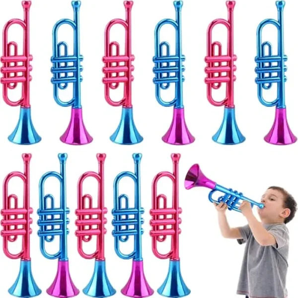 10 piezas de trompeta de plástico de 13 pulgadas, colorida, trompeta metálica, instrumento musical para niños, cumpleaños, Año Nuevo, fiestas y eventos, accesorios de escenario, 2 colores