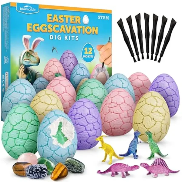 Kit de excavación de huevos de Pascua, 12 ladrillos de excavación de huevos de Pascua con piedras preciosas reales y figuras de dinosaurios que brillan en la oscuridad, incluye