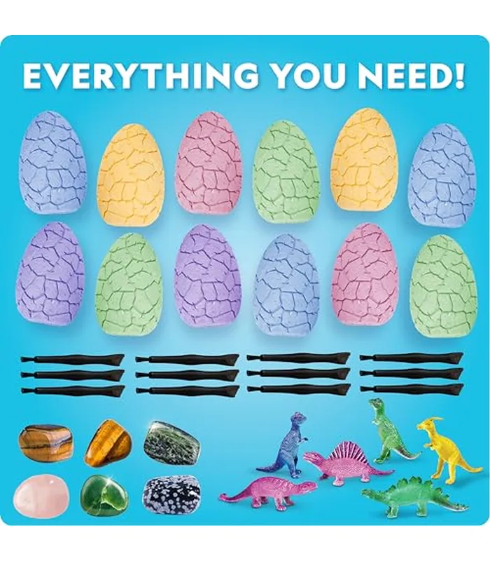 B0DLJGJ3JD05 Kit de excavación de huevos de Pascua, 12 ladrillos de excavación de huevos de Pascua con piedras preciosas reales y figuras de dinosaurios que brillan en la oscuridad, incluye