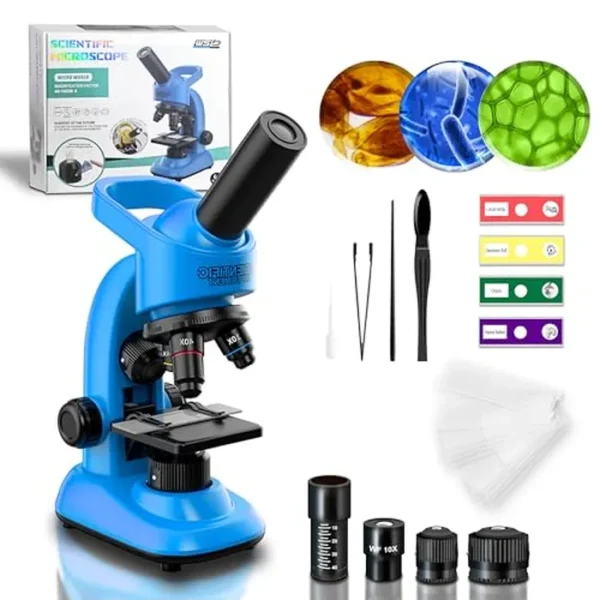 Microscopio para niños, kit de microscopio 40-1600x para niños principiantes, kit STEM, diapositivas preparadas, luz LED y varias herramientas operativas configuradas, juguete de experimento