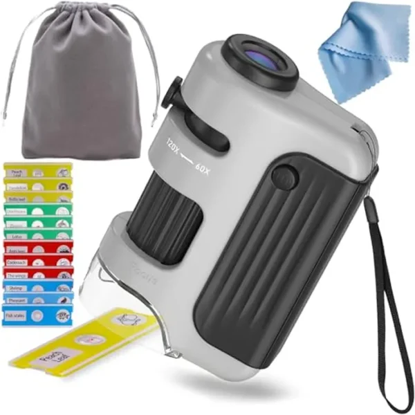 Microscopio para niños, microscopio de bolsillo 60x-120x con 12 diapositivas preparadas, luces LED educativas de mano de laboratorio microscopio portátil, juguete STEM para estudiantes