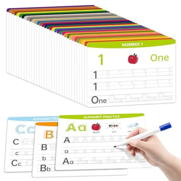 Pizarras de borrado en seco con letras y números de la A a la Z, perfectos para preescolar, escuela en casa y jardín de infantes de doble cara, 18 hojas, 36 páginas de 11 x 8.5 pulgadas, herramienta