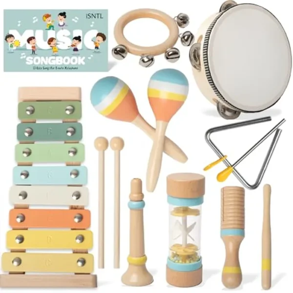 Instrumentos musicales para bebés – Juguetes Montessori de madera para niños pequeños de 1 a 3 años, xilófono bohemio moderno incluye cancionero con 13 canciones para niños, colores neutros juego de
