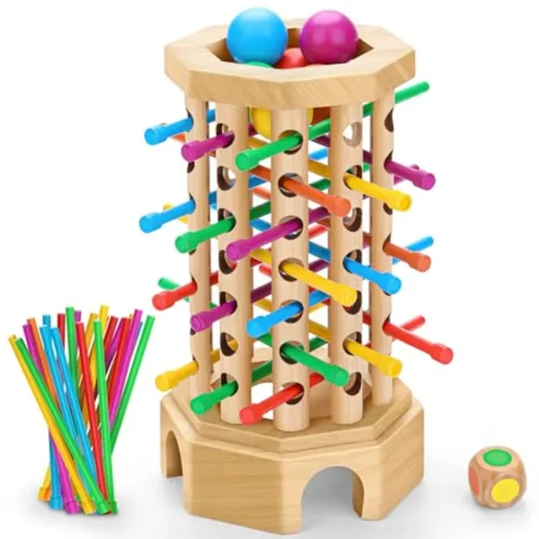 Montessori - Juego de mesa de madera para niños de 3 a 6 años, juguete educativo de aprendizaje con palos de colores, dados y bolas, habilidades motoras finas, juegos clásicos de torre para noche