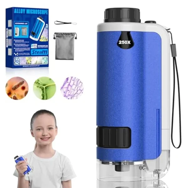 Microscopio portátil para niños, mini microscopio de mano 100x-250x zoom con luces LED, microscopio de bolsillo de aleación para niños y niñas, kit de ciencia educativa (azul)