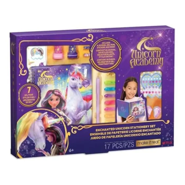 Make It Real: Unicorn Academy: Juego de papelería de unicornio encantado, kit de 17 piezas, bolígrafos de gel, calcomanías, borradores, gemas, diario, serie Netflix, niños mayores de 6 años