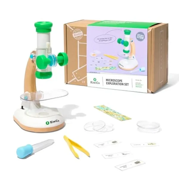 KiwiCo Kit de microscopio para niños de 5 a 8 años | Aumento de 100 x 1200X, lente de fácil zoom, luz LED, juego de experimentos científicos con herramientas de biología para niños, juguete educativo