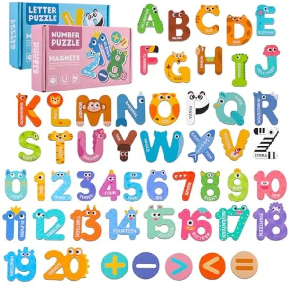 Letras y números magnéticos, 52 piezas de imanes coloridos para nevera para niños pequeños de 3 a 5 años, 26 letras magnéticas en mayúsculas, 21 números, 5 símbolos, para niños pequeños y niños